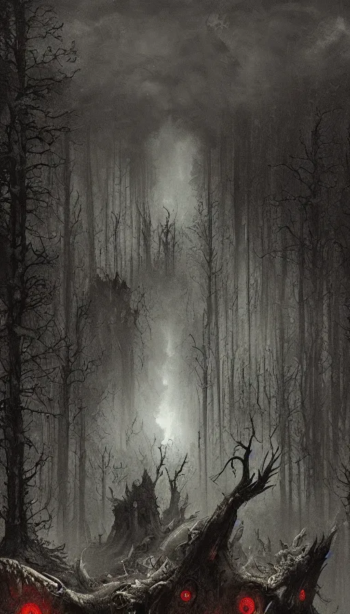 Prompt: a storm vortex made of many demonic eyes and teeth over a forest, by jakub rozalski