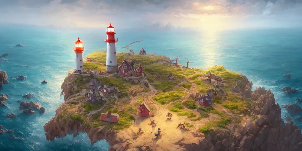 Image similar to Small fantasy village on a cape with a lighthouse, fishing boats, view from above. In style of Greg Rutkowski, Jesper Ejsing, Makoto Shinkai, trending on ArtStation, fantasy, great composition, concept art, highly detailed, scenery, 8K, Behance.