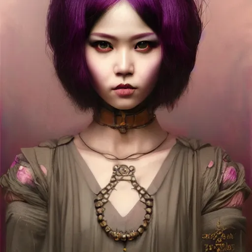 Prompt: photorealistic soft paint of absurdities and curiosities, very beautiful dollpunk asian princess full long dress, ultra deep fog, purple black lustrous thin haircut, partial symmetry accurate features, focus, very intricate ultrafine details, award winning masterpiece, tom bagshaw ross tran