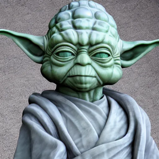 Image similar to Marble statue of Yoda, highly detailed, high quality, HD, 4k, 8k, Canon 300mm, professional photographer, 40mp, lifelike, top-rated, award winning, realistic, sharp, no blur, edited, corrected, trending