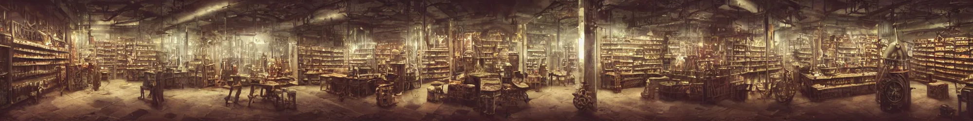 Image similar to photo of steampunk grocery store, Les Edwards, Zdzislaw Beksinski, Carl Gustav Carus, John Harris, Michal Karcz, Zhang Kechun, Mikko Lagerstedt, Scott Listfield, Steven Outram, Jessica Rossier