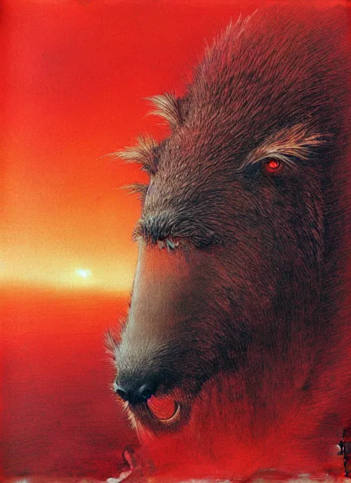 Image similar to a side view of spirit of chthonic demonic capybara with red eyes, on background red lake on fire, highly detailed, art by Ayami Kojima, Beksinski, Giger