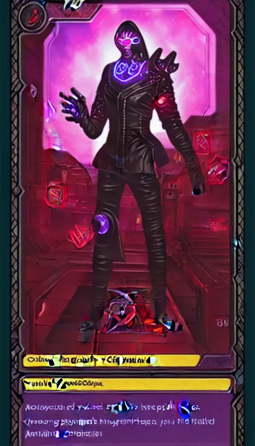 Image similar to the whispering cyber - devil, cyberpunk trading card, card art, magic the gathering and hearthstone style