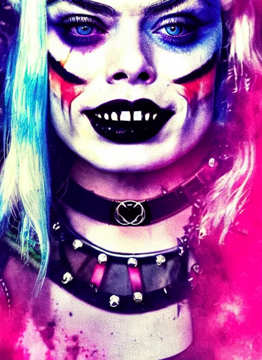 Image similar to 2 8 mm side portrait of beautiful suicide squad happy margot robbie with long white hair that looks like harley quinn, gotham city double exposure, angry frown, glamour pose, watercolor, style by simon bisley, jim lee, annie leibowitz