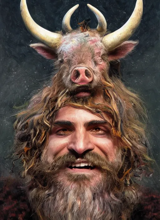 Image similar to a hyper detailed painting of joaquin phoenix with a viking crown, cow horns, pig nose, sheep wool, chicken feather armor, horror, by anna podedworna, by miklos ligeti, by diego maricato, by taran fiddler, by antonino truisi, by chris reddie, by jinsung lim, trending on artstation