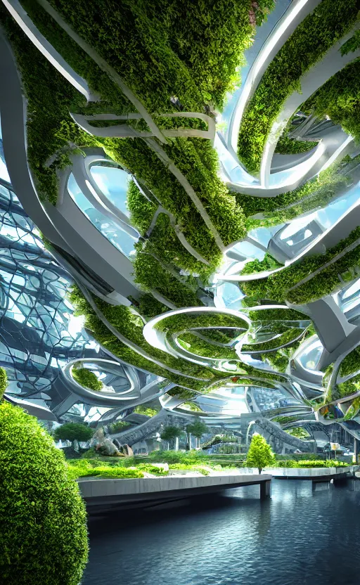 Prompt: biophilic futuristic scifi suspended city gardens colorful architectural landscape, fluid flowers, porcelain, beautiful morning light, canal bridge paths pedestrian cafes, interior cinematic composition, granite marble, nebula magnolia, water, glass walls, metallic, grass, exotic trees, modular buildings, vincent callebaut composition, 8 k, unreal engine, hdr