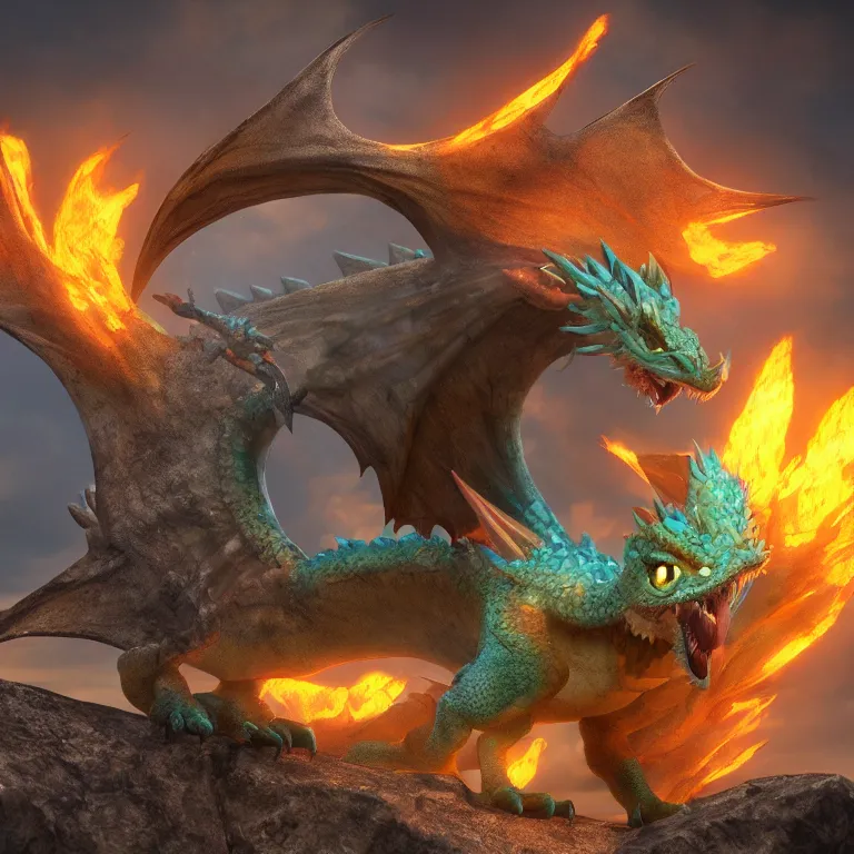 Prompt: A Render of a cute wyvern dragon with large wings and bright eyes, sitting on a rock, breathing fire. In the style of Pixar Animation. 8k. Trending on ArtStation.