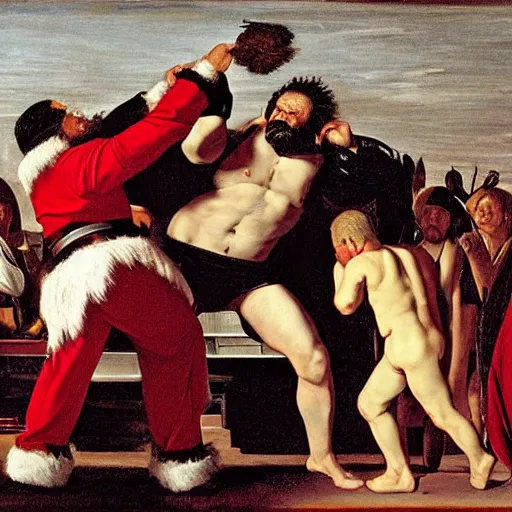 Prompt: Father Christmas WWE wredtling match against Joe Biden Painted by Caravaggio