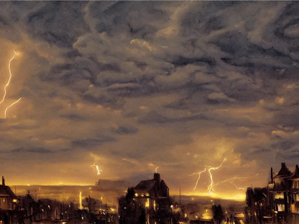 Prompt: a weird painting of a a lightning storm over a small town at night by john philip falter, camille corot, concept art, artstation