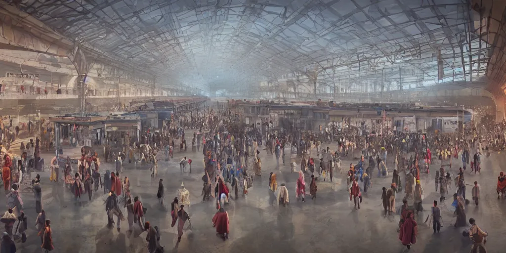 Prompt: cinematic movie scene, establishing shot, precise architectural rendering, interior of an india railway station, bustling with people, detailed illustration, sharp focus, concept art, unreal engine, octane render, aesthetic