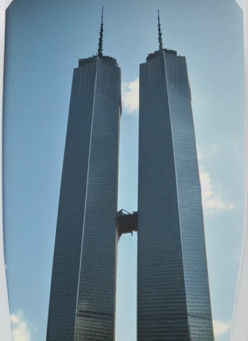 Image similar to 1 9 9 0 s polaroid of the twin towers wtc, as plane flies overhead