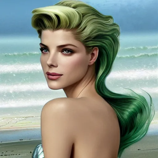 Image similar to A combination of Grace Kelly's and Katheryn Winnick's and Ashley Greene's faces with light green hair as a mermaid on the beach, western, fantasy, intricate, elegant, highly detailed, digital painting, artstation, concept art, matte, sharp focus, illustration, art by Artgerm and Greg Rutkowski and Alphonse Mucha