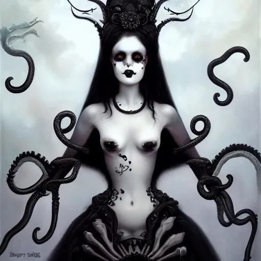 Image similar to By Tom Bagshaw, ultra realist soft painting of a curiosities carnival ornaments spikes and tentacles by night, very beautiful female dollpunk in full gothic dress and black eyes, symmetry accurate features, very intricate details, omnious sky, black and white, volumetric light clouds