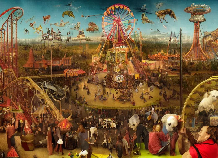 Prompt: highly detailed matte painting, colorful, of a haunted circus with ferris wheel, roller coaster, tents, animals by hieronymus bosch, joel peter witkin, annie liebovitz, gustave dore 8 k