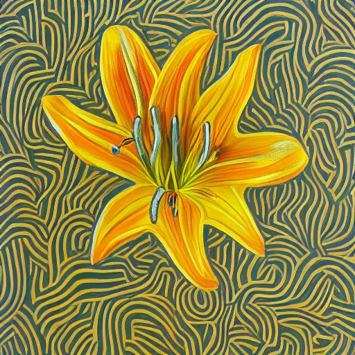 Image similar to an abstract and detailed painting of a lilies buke made out of geometric shapes, using partly gold paint