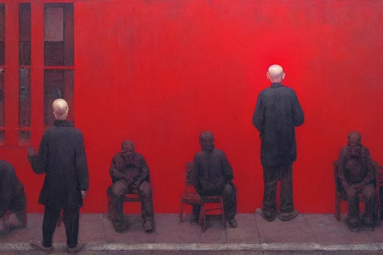 Image similar to only with red, a red old man try to sell a portrait, a crowd cheering, in a city square, in the style of beksinski, parts by edward hopper, parts by rodcenko, parts by yue minjun, intricate and epic composition, red by caravaggio, insanely quality, highly detailed, masterpiece, red light, artstation, 4 k