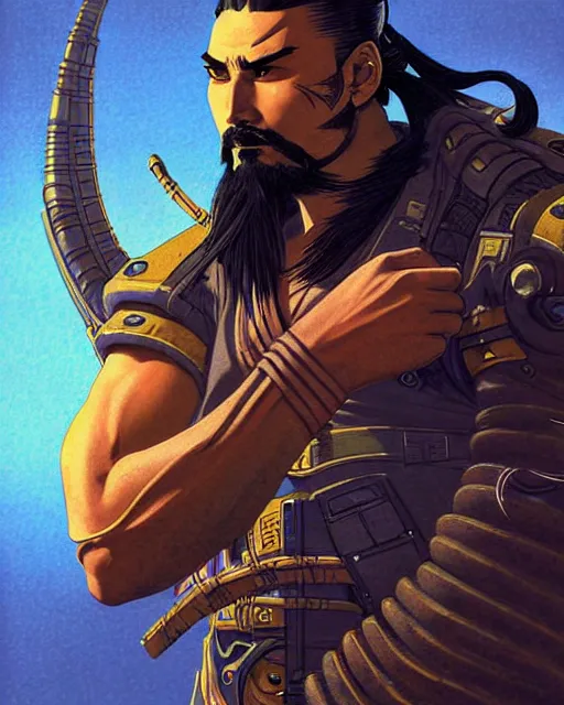 Image similar to hanzo from overwatch, character portrait, portrait, close up, concept art, intricate details, highly detailed, vintage sci - fi poster, retro future, vintage sci - fi art, in the style of chris foss, rodger dean, moebius, michael whelan, and gustave dore