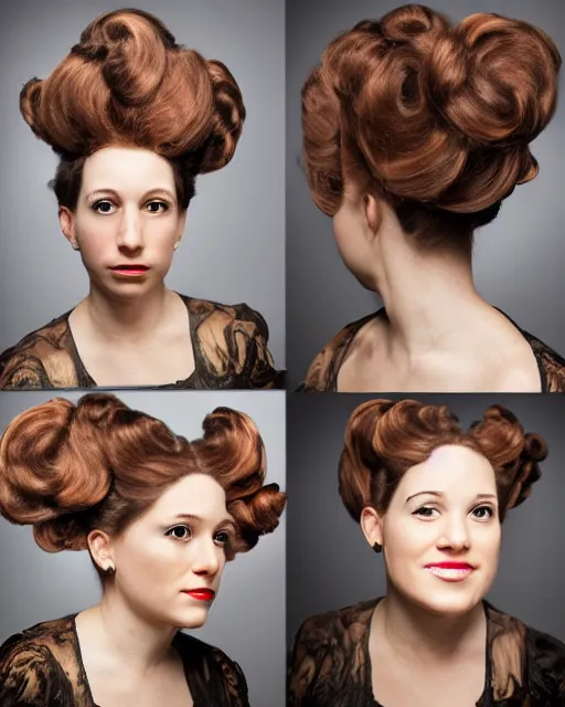 Image similar to a young woman with an extravagant hair style in the style of Erica Rose Levine