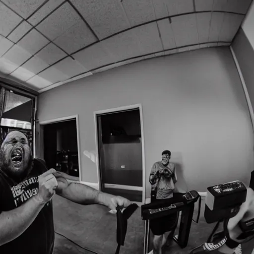 Prompt: Big sweaty guy yelling at you about his favorite cryptocurrency crashing and how it's somehow your fault, fisheye lens, photo