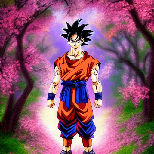 Prompt: Goku samurai in a spring forest full of pink petals, digital art, HDR, By Thomas Kinkade