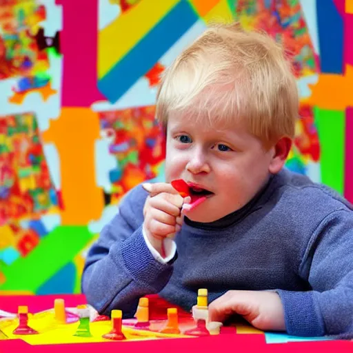 Prompt: Boris Johnson eating crayons while sitting on kindergarten puzzle floor, full body