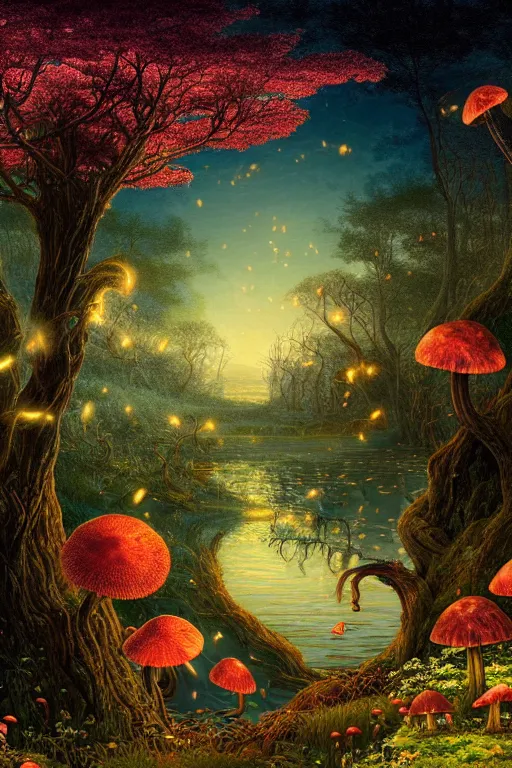 Image similar to a beautiful digital illustration painting of a detailed fantasy fireflies lake and roots, dark mushroom, speckled mushroom, kittens, flowers by benoit b. mandelbrot, steven belledin, martin johnson heade, lee madgwick, caspar david friedrich, and david rios ferreira. 8 k resolution trending on artstation concept art digital illustration