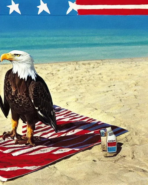 Image similar to postcard showing 'a cool bald eagle perched on a beach chair with shades and a beer bottle' laying in the sand, advertisement, american flag