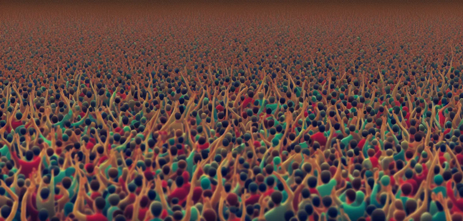Prompt: painting of a crowd with raised arms pointing towardб demonstration, in the style of craola, shallow depth of field, highly detailed, digital painting, trending artstation, concept art, illustration, cinematic lighting, vibrant colors, photorealism, epic, octane render