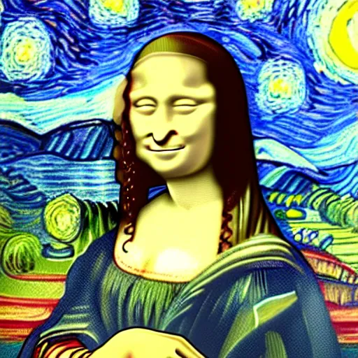 Image similar to pastel, mona lisa by van gogh, starry night, gaussian blur