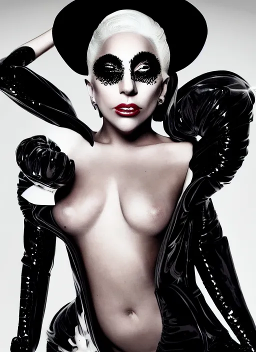 Image similar to lady gaga styled by nick knight posing, the fame monster themed, dark, mysterious, vogue magazine, canon, highly realistic. high resolution. highly detailed. dramatic. 8 k. 4 k.