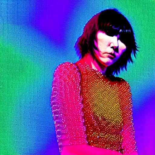 Image similar to Karen O of the Yeah Yeah Yeahs. Glitch effect. Pixel glitch. Chromatic Aberration. data moshing glitch art. 4k.