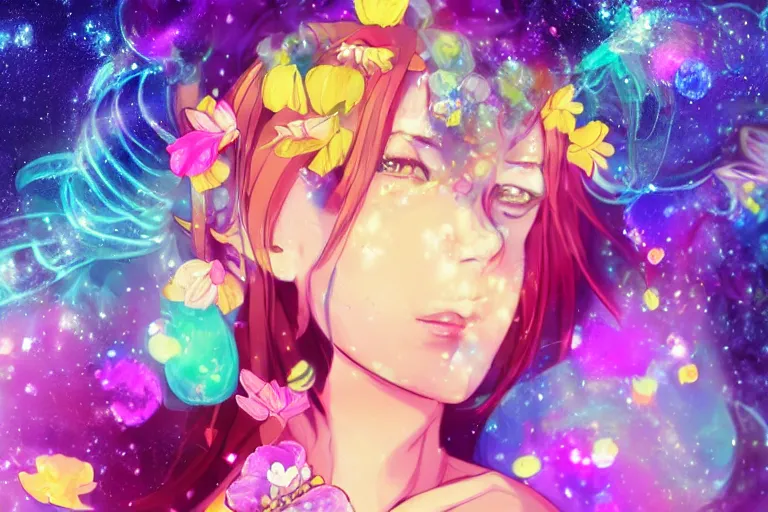 Prompt: psychedelic, full body, whimsical, anime, 4k, beautiful lusty woman blowing smoke, with professional makeup, long trippy hair, a crystal and flower dress, sitting in a reflective pool, surrounded by gems, underneath the stars, rainbow fireflies, trending on patreon, deviantart, twitter, artstation, volumetric lighting, heavy contrast, art style of Ross Tran and Viktoria Gavrilenko and Ilya Kuvshinov
