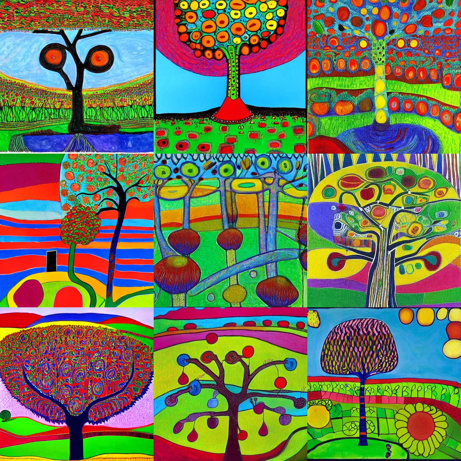 Prompt: a colorful painting by Hundertwasser of a fruit tree on flower field, smooth, sharp, sunny, highly intricate