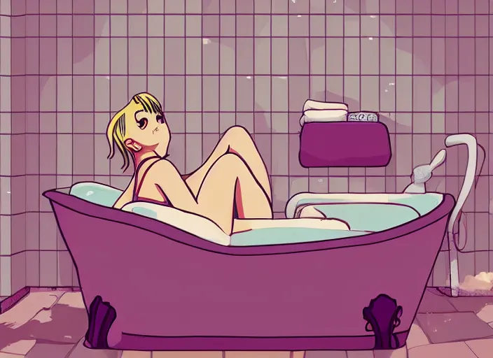 Image similar to girl in bathtub, bathroom, boring, anime, 1 9 9 0 s, retro style, aesthetic, chill, room