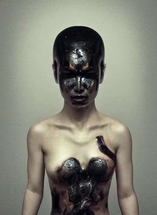 Image similar to portrait of a futuristic geisha cyborg crying black tears made from thick black oil, in the style of ghost in the shell, kintsugi, modern fine art, fractal, intricate, elegant, highly detailed, digital photography, subsurface scattering, by jheronimus bosch and greg rutkowski,