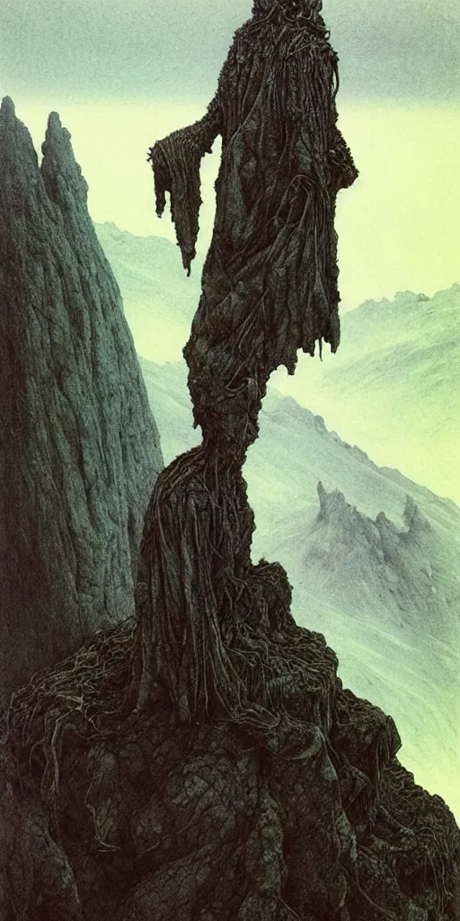 Prompt: A detailed lonley alien sock stands among the mountains. Wearing a ripped mantle, robe. Perfect face, extremely high details, realistic, fantasy art, solo, masterpiece, art by Zdzisław Beksiński, Arthur Rackham, Dariusz Zawadzki