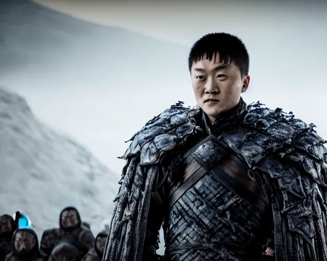 Image similar to justin sun as night king in game of thrones being swarmed by crimson - black bees, 4 k, epic, cinematic, focus, movie still, fantasy, extreme detail, atmospheric, dark colour, sharp focus