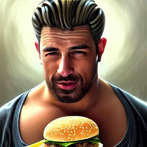 Image similar to portrait of Swol Gigachad Robert Deniro eating hamburgers, extra onions and ketchup, luscious patty with sesame seeds, feminine ethereal, handsome, D&D, fantasy, intricate, elegant, highly detailed, digital painting, artstation, concept art, matte, sharp focus, illustration, art by Artgerm and Greg Rutkowski and Alphonse Mucha