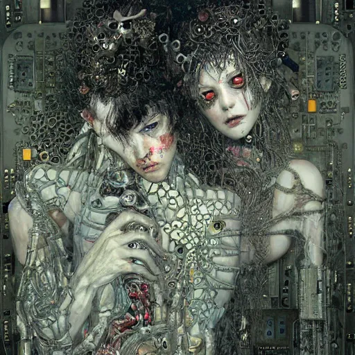 Image similar to depraved cybernetic demon lovers trapped in circuitry, intricate detail, klimt, royo, whealan,