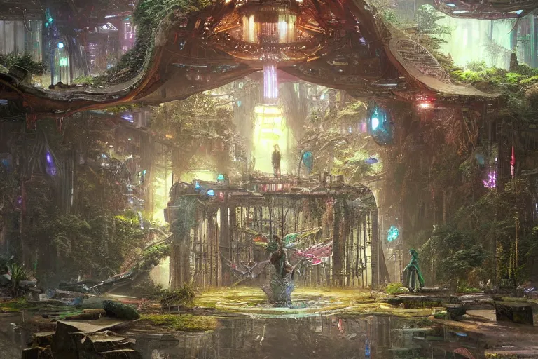 Prompt: a triangular portal structure built out of scrap and crystals in an overgrown temple, bright cyberpunk glow, epic surrealism, Detailed digital matte painting in the style of raymond swanland and Chie Yoshii artstation