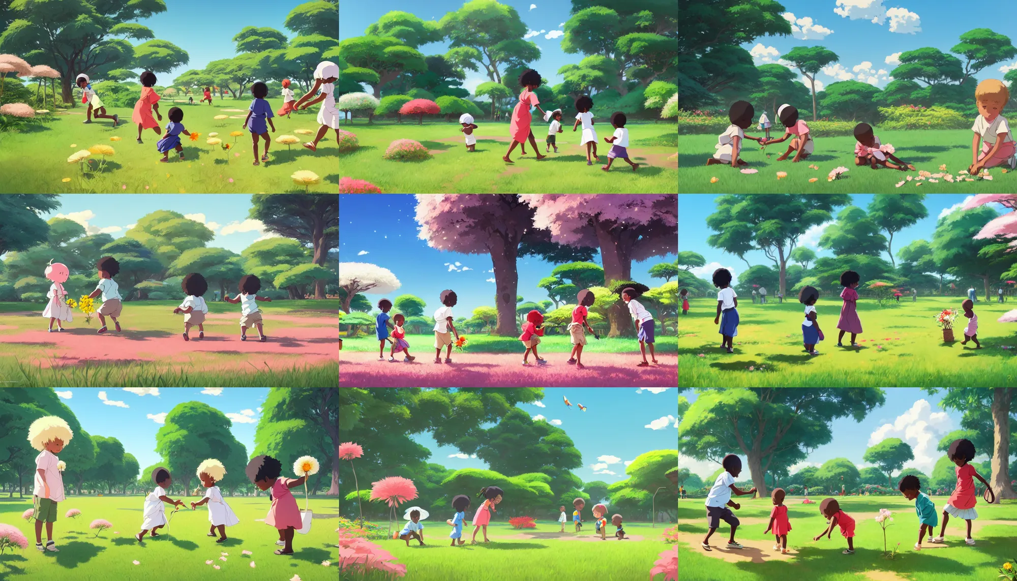 Prompt: african toddlers and white toddlers playing together city park with flowers, artstation, elegant, highly detailed, digital painting, concept art, smooth, sharp focus, illustration, art by studio ghibli, fujita goro, atey ghailan, tom whalen, jean giraud 8 k