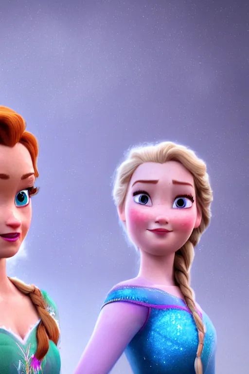 Image similar to Tessa Thompson and Evan Rachel Wood as Anna and Elsa, 3d render, Pixar