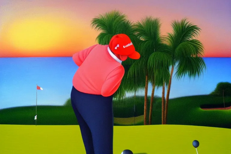 Prompt: chubby Donald Trump with red base cap playing golf on a golf course nearby the sea in the sunset with palms, by Botero, oil painting