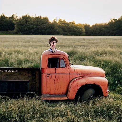 Prompt: harry potter as a natural light on an old truck in a field