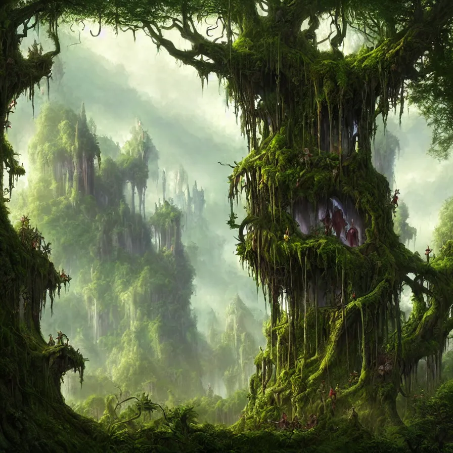 Image similar to fairy palace, castle towers, gnarly trees, lush vegetation, forest landscape, painted by tom bagshaw, raphael lacoste, eddie mendoza, alex ross concept art matte painting