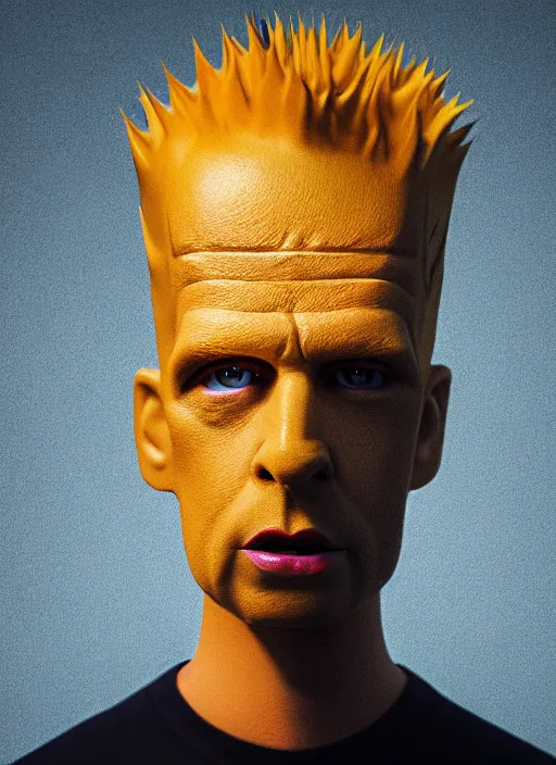 Image similar to bart simpson in real life, face centered portrait of bart simpson, confident, fog, rain, volumetric lighting, beautiful, golden hour, sharp focus, ultra detailed, cgsociety by leesha hannigan, ross tran, thierry doizon, kai carpenter, ignacio fernandez rios, noir art house, 4 k, 3 5 mm, fujifilm