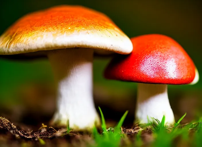Image similar to a a cute creature sitting next to a mushroom, realistic, very detailed, complex, intricate, studio lighting, superres sharpening, bokeh, sigma 5 0 mm f 1. 4