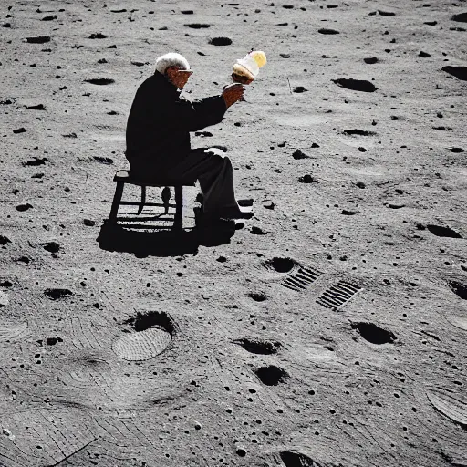 Image similar to an elderly man eating an ice cream on the surface of the moon, 🌕, 🍦, canon eos r 3, f / 1. 4, iso 2 0 0, 1 / 1 6 0 s, 8 k, raw, unedited, symmetrical balance, wide angle