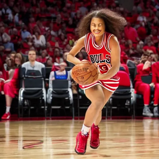 Prompt: woman plying basketball on court in a chicago bulls jersey at the united center