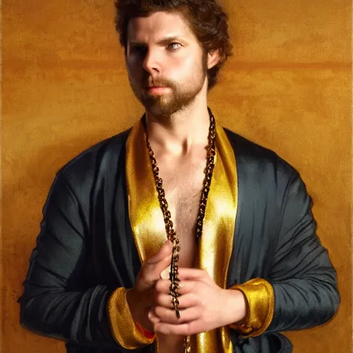 Prompt: detailed realistic cinematic wide shot of beautiful attractive muscular michael cera black beard pose with gold chain wearing blue suit gold robe slim face symettrical face clean skin black eyes black robe smooth, sharp focus, ultra realistic, spring light, painting by gaston bussiere, craig mullins, j. c. leyendecker